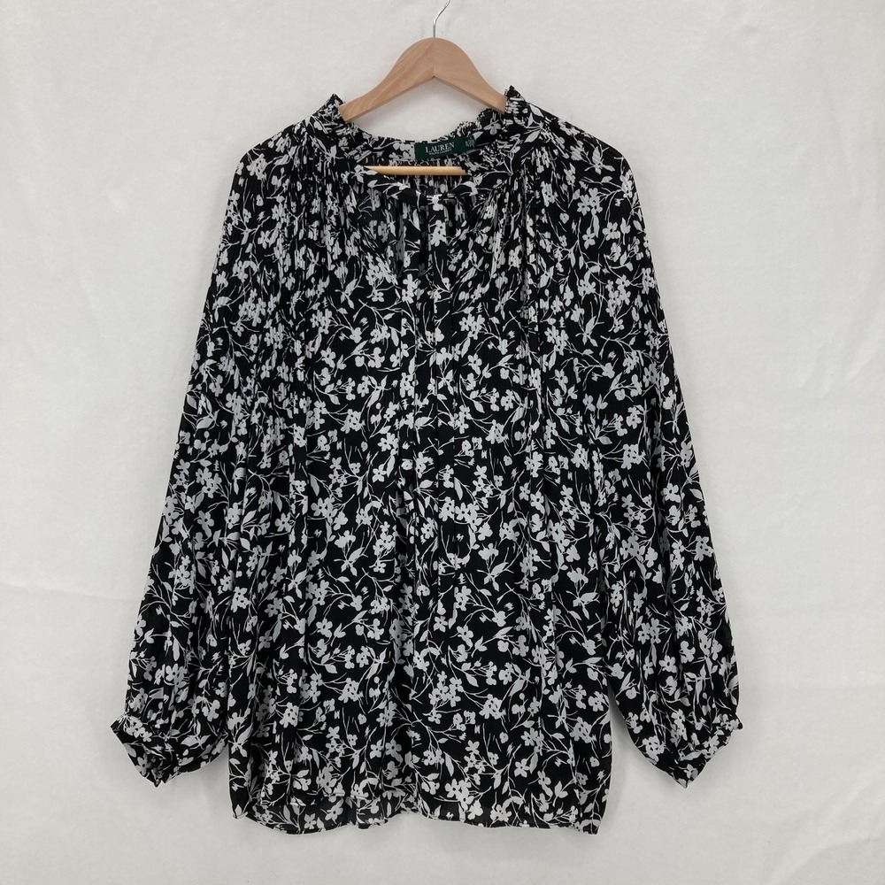 Lauren Ralph Lauren Blouse Womens 2X Black White Floral Pleated Long Sleeve - Picture 1 of 14